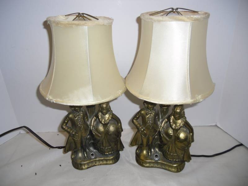 lot 19 image: Pair Victorian Couple Metal Table Lamps and Vintage Shades