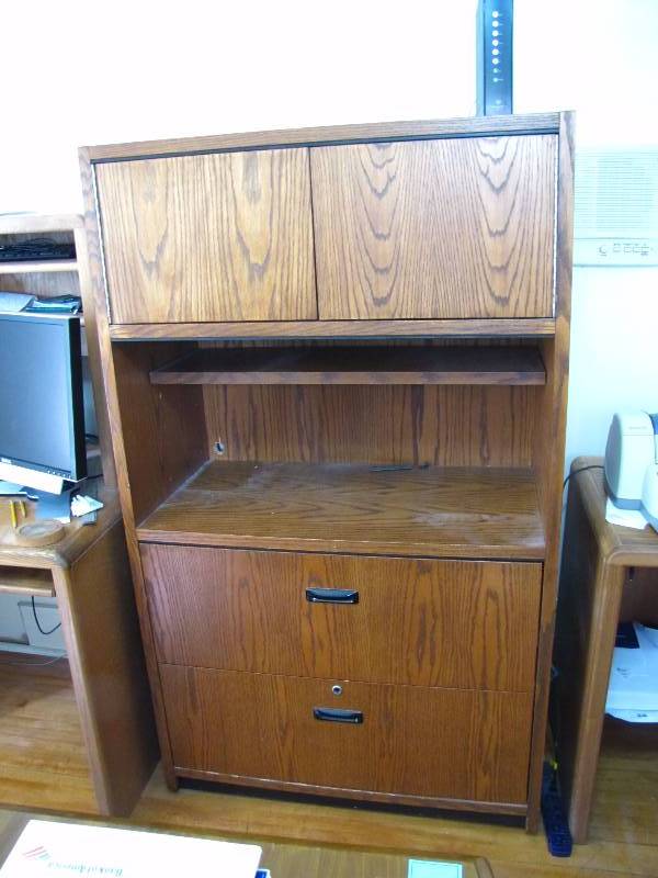 lot 12 image: lateral File cabinet with upper cupboard storage