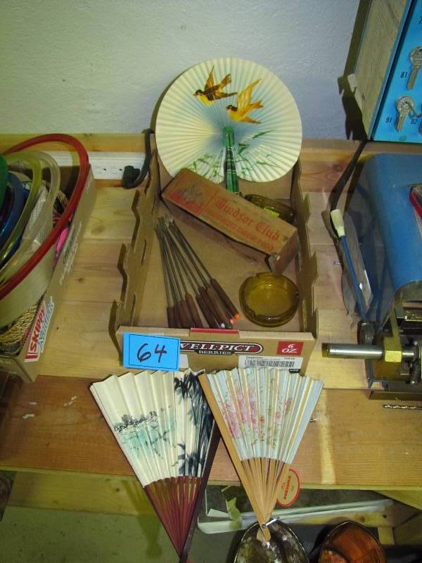 lot 64 image: Vintage paper fans, wood cheese box & ashtrays