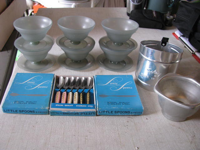lot 202 image: 3 little spoon sets and foley sifter and jar filler