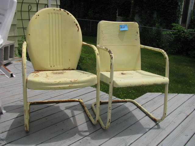 lot 210 image: two vintage yellow steel outdoor chairs