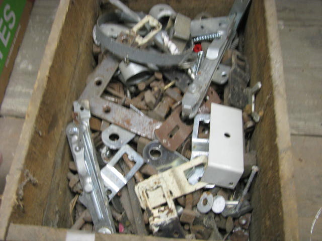 lot 112 image: wooden box of misc nails screws and other small parts