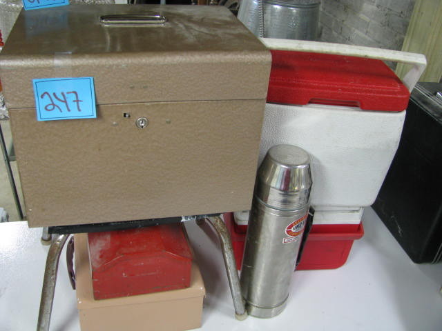 lot 247 image: thermos, tool box metal boxes and smaller coolers