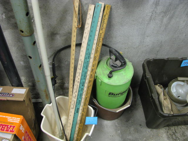 lot 255 image: sprayer, pails, yardsticks tension rod
