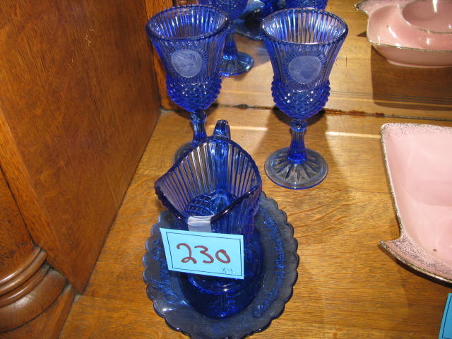 lot 230 image: blue Mt Vernon goblets and plate with pitcher