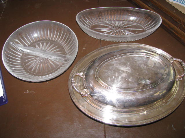 lot 238 image: glass serving trays one with silver plated bottom and cover