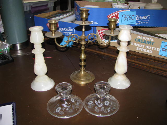 lot 281 image: glass marble and brass candle sticks see photos