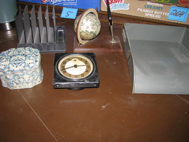 lot 282 image: desktop items pen and globe metal in box antique clock