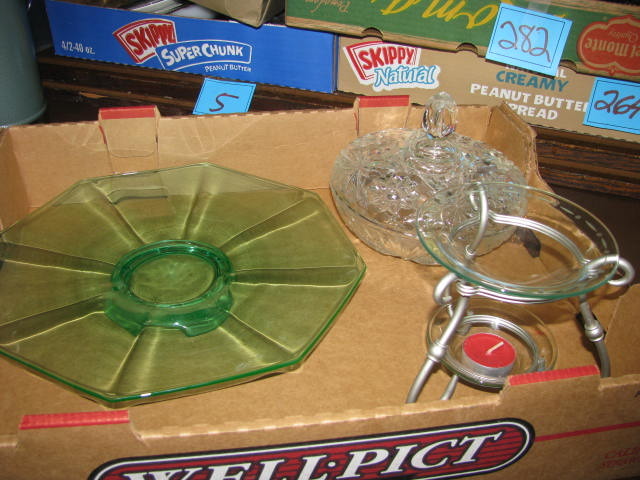 lot 287 image: green glass serving and clear glass candy and candle holder