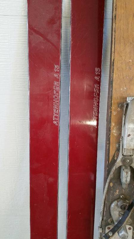 lot 65 image: (3) Pair of Vintage Wooden Skis, (1) Pair of Fiberglass Skis, Poles & Boots, Etc