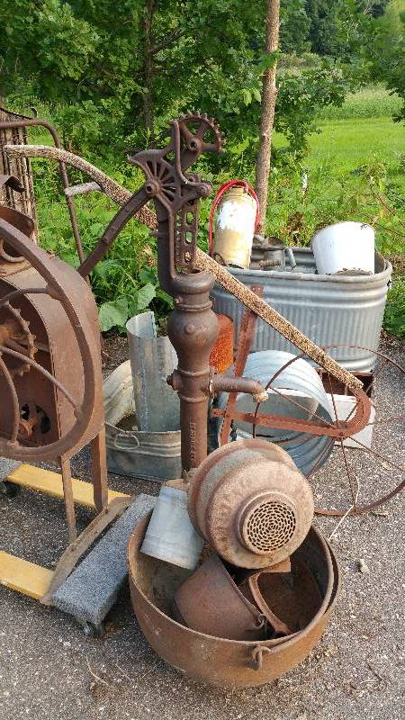 lot 103 image: Large Group of Farm Items, Including Corn Husker, Well Pump, Kettle, Ect