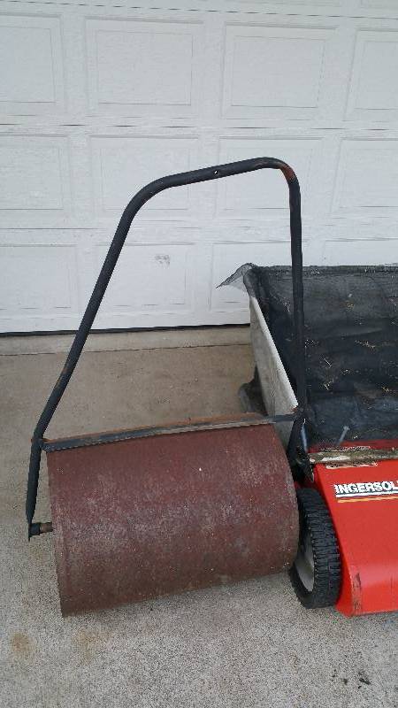 lot 106 image: Group of Lawn Items, Including Pull Behind Sweeper, Reel Mower, Etc