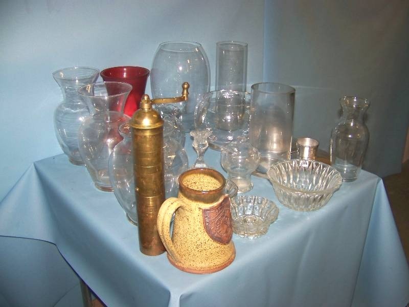 Vase, Candle Holders, Glass Bowls, a Mug and a Pepper Grinder