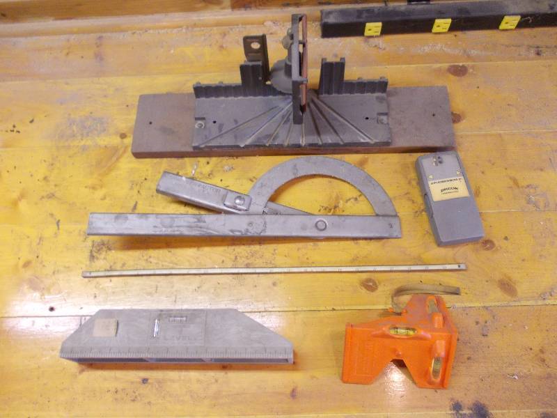 lot 81 image: Miter Box, T-Level, Stud Finder, Squares
