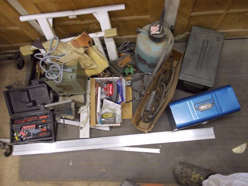 lot 124 image: Large Lot Of Misc- Sprayer, Boxes, Tool Belts, Hand Tools, More