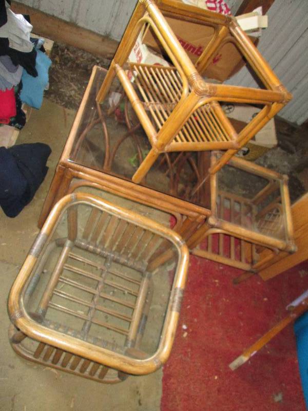 lot 27 image: Set of wood glass top tables, one i...