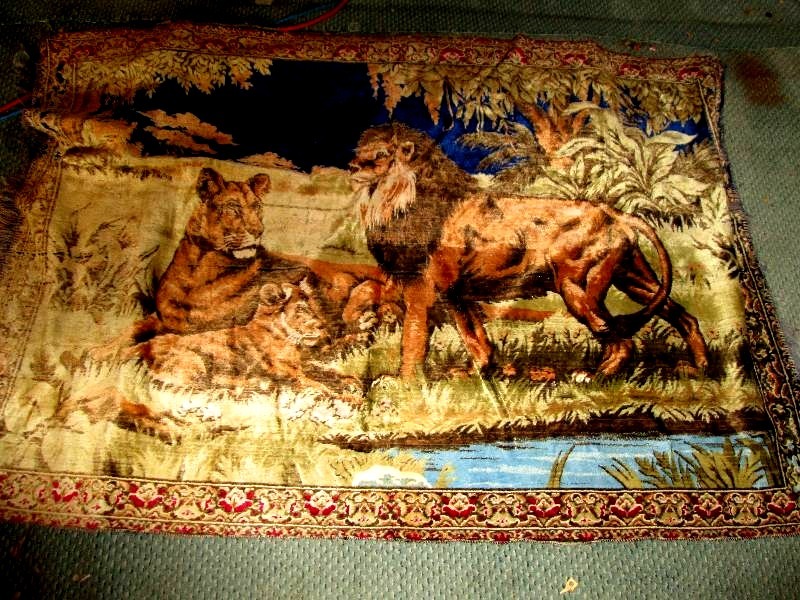 lot 39 image: Lion tapestry, 68 x 45...