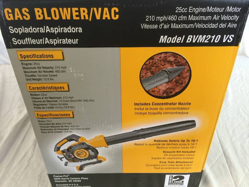 lot 30 image: Poulan Pro BVM210VS 25cc 2-Cycle Variable Speed Gas Powered 200 MPH BlowerVac With 10 to 1 Mulch Ratio