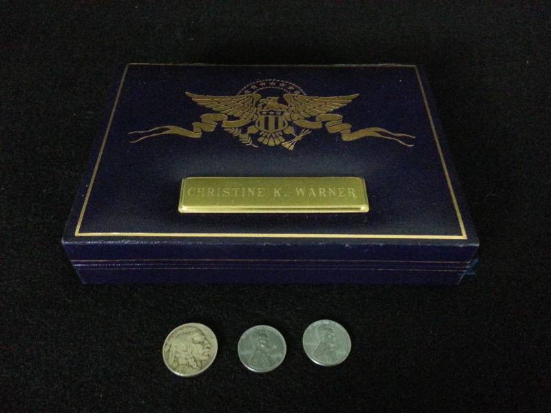 lot 53 image: Coin Display Box, 1937 Buffalo Nickel, and (2) 1943 Steel Cents