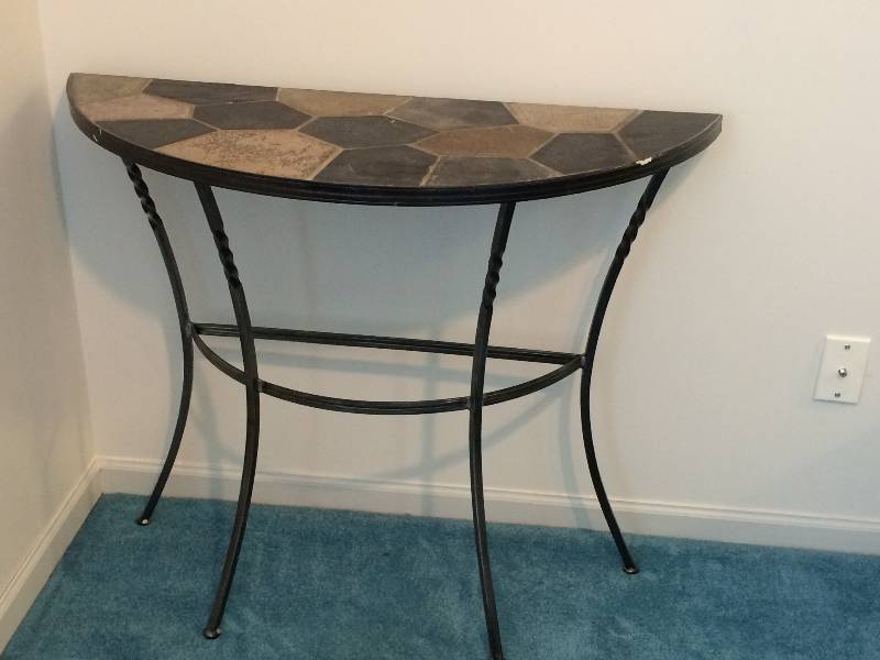 lot 26 image: Half Round Stone and Iron Accent Table