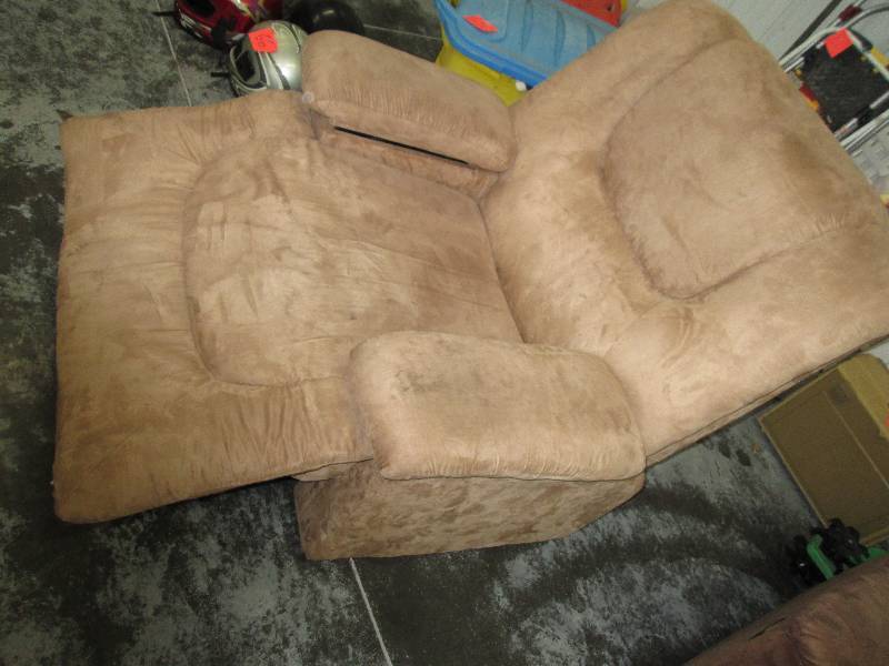 lot 77 image: Light brown plush recliner, small t...