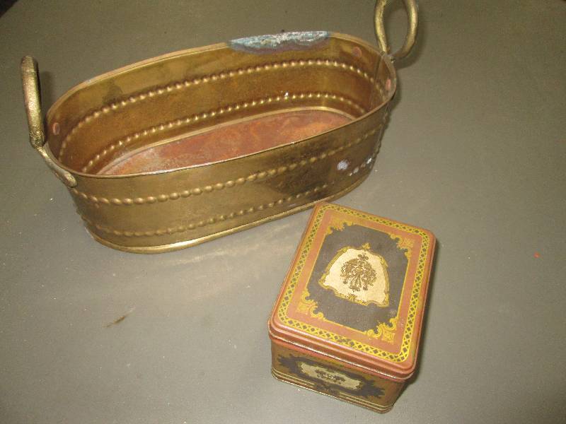 lot 240 image: Heavy vintage metal planter and tin...