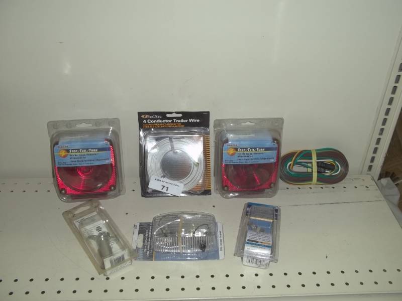 lot 71 image: NEW Trailer wiring kit, includes wire, 2 tail lights, one inside light, ends