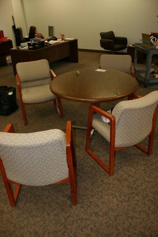 lot 1066 image: Lot of (5) Including Wood-Style Table wMetal Frame Cloth Upholstered Chairs wWood Style Frames (4) 42 x 42 x 29.