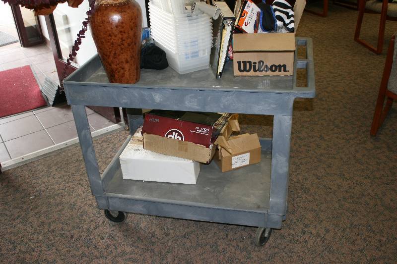 lot 1064 image: Plastic Push Cart wLower Shelf & Wheels Does Not Include Contents 25 x 40 x 32.5.