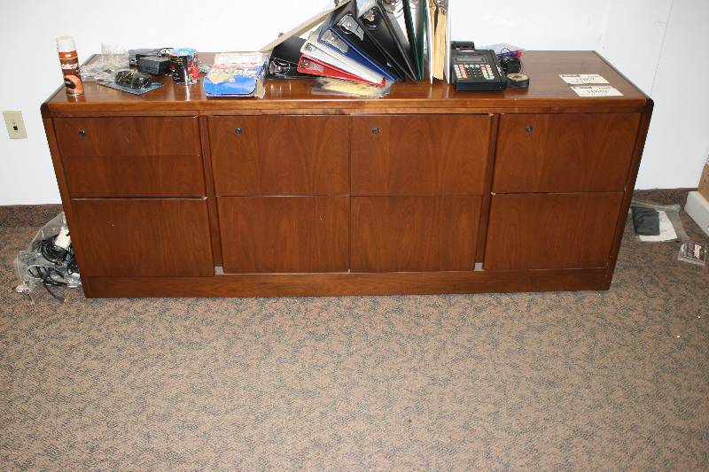 lot 1088 image: Wooden Cabient wMultiple Drawers Wood-Style Locking Cabinets 20 x 73 x 29.