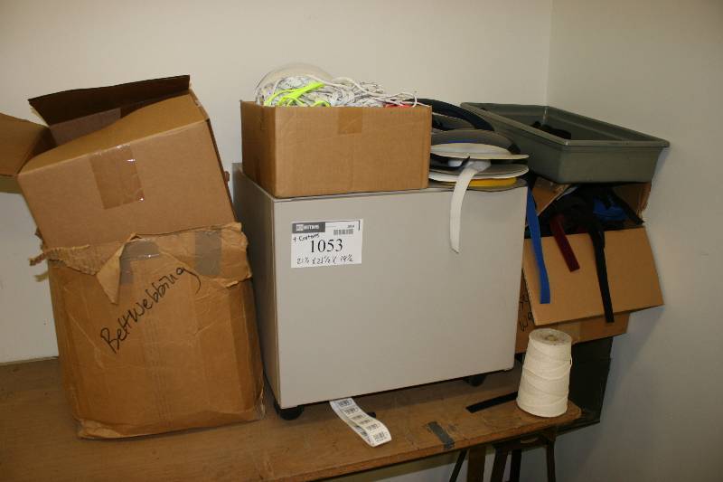 lot 1053 image: Contents of Shelf Including Plastic Bins Velcro Ribbons Shoe Laces And More Includes Shelf 21.5 x 21.5 x 19.5.