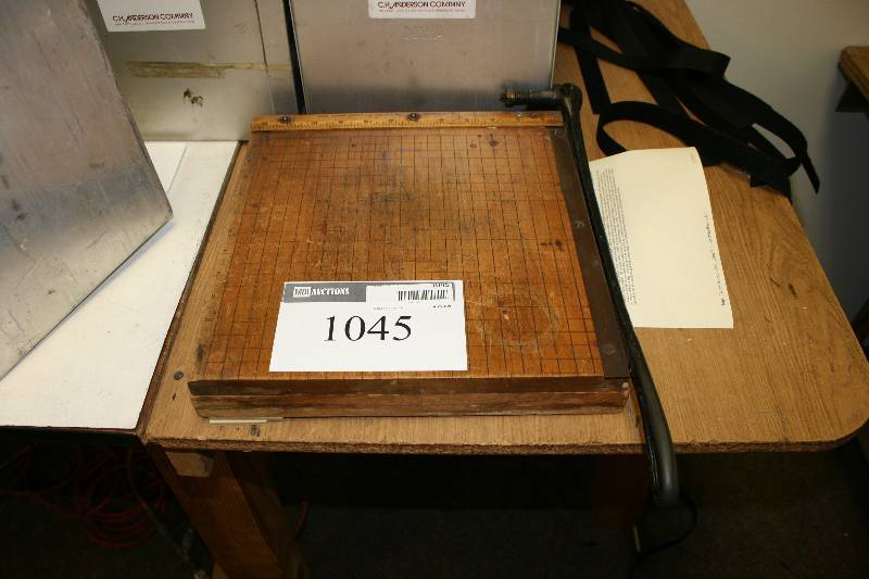lot 1045 image: Paper Cutter wWooden Base & Metal Cutter.