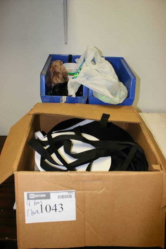 lot 1043 image: Box Lot of Miscellaneous Straps Hardware Plastic Containers And More.