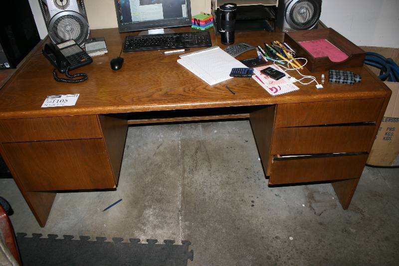 lot 1105 image: Wood-Style Desk wDrawers & Work Top Includes Upholstered Office Chairs wWheels (4) 36 x 66 x 29.