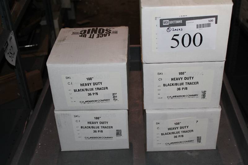 lot 500 image: Box Lot of (5) C.H.A. Heavy Duty Skate Laces 108 BlackBlue Tracer app. 36perBox.