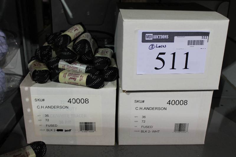 lot 511 image: Box Lot of (3) C.H.A. Heavy Duty Skate Laces 72 Fused BlackWhite app. 36perBox.