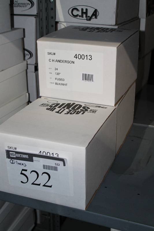 lot 522 image: Box Lot of (3) C.H.A. Sport Hockey Laces Black wWhite app. 24perBox.