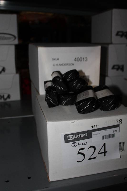 lot 524 image: Box Lot of (3) C.H.A. Sport Hockey Laces Black wWhiteFused 130 app. 24perBox.