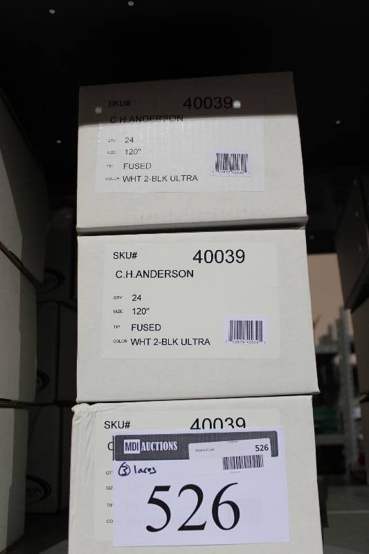 lot 526 image: Box Lot of (3) CH Anderson 120 Fused Wht 2 Black Ultra Laces app. 24perBox.