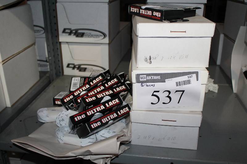 lot 537 image: Box Lot of (3) C.H.A. Sport Hockey Laces BlueBlack, White wBlack app. 24perBox.