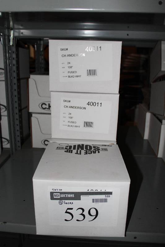 lot 539 image: Box Lot of (4) C.H.A.  108 Fused Blk2-Wht Sport Hockey Laces app. 24perBox.