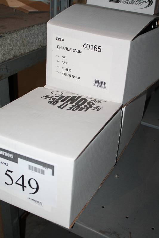 lot 549 image: Box Lot of (3) C.H.A. Hockey Laces Fused 120 GreenBlack. app. 36perBox.