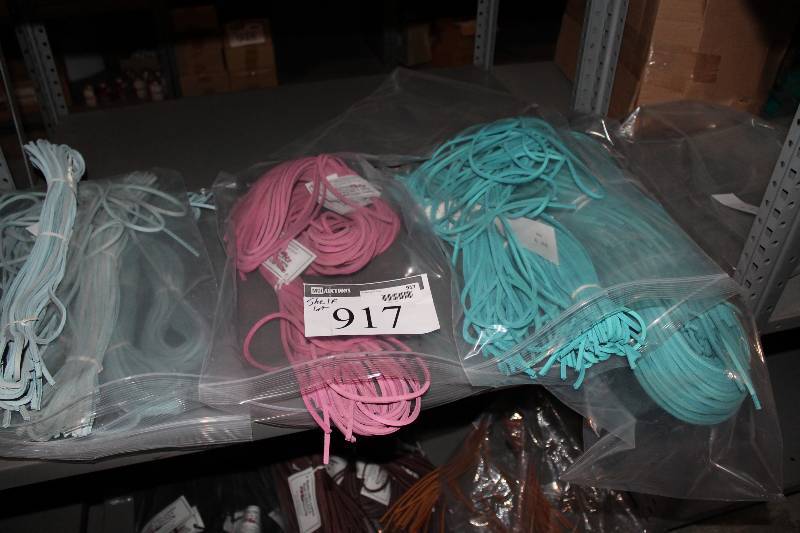lot 917 image: Shelf Lot of Miscellaneous Leather Shoe Laces TealPurple PinkGray Blue.