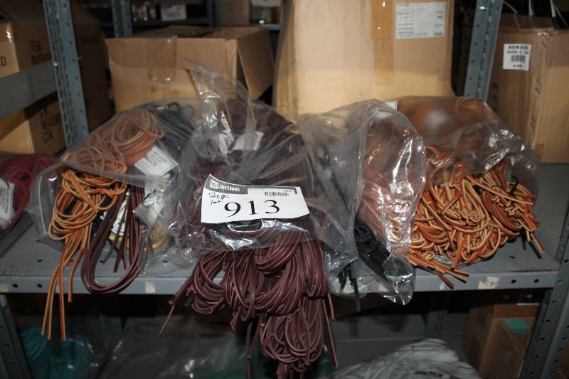 lot 913 image: Shelf Lot of Miscellaneous Leather Shoe Laces Brown, Burgundy, Black.