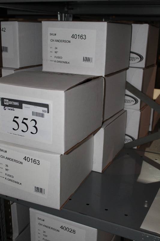 lot 553 image: Box Lot of (5) C.H.A. Heavy Duty Skate Laces 96 Fused GreenBlack app. 36perBox.