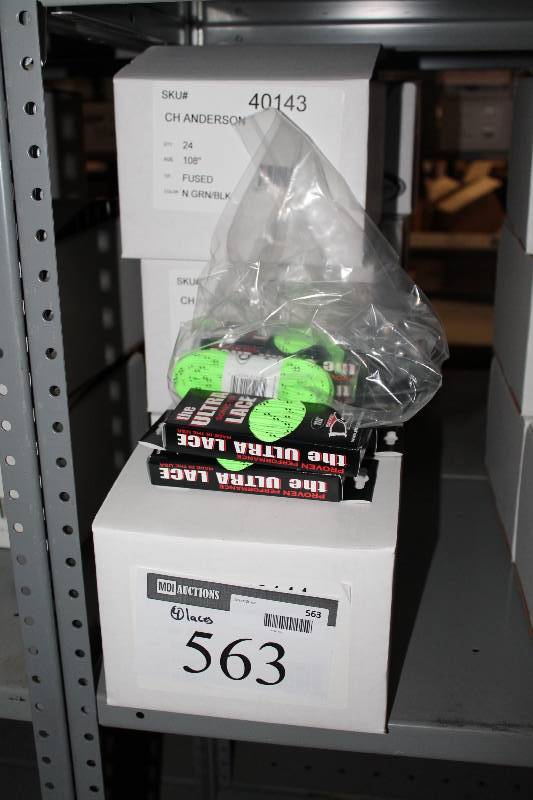 lot 563 image: Box Lot of (4) C.H.A. Heavy Duty Skate Laces 108 Fused GreenBlack app. 24perBox.