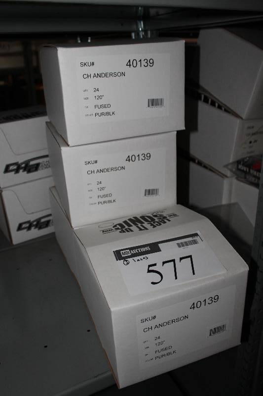 lot 577 image: Box Lot of (3) C.H.A. Heavy-Duty Hockey Laces 120 Fused PurpleBlack app. 24perBox.