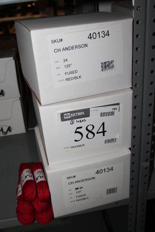 lot 584 image: Box Lot of (3) C.H.A. Heavy Duty Hockey Laces 120 Fused RedBlack app. 24perBox.