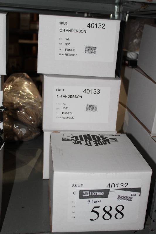 lot 588 image: Box Lot of (4) C.H.A. Ultra Lace Sonic Tips Hockey Laces 96108 Fused RedBlack app. 24perBox.