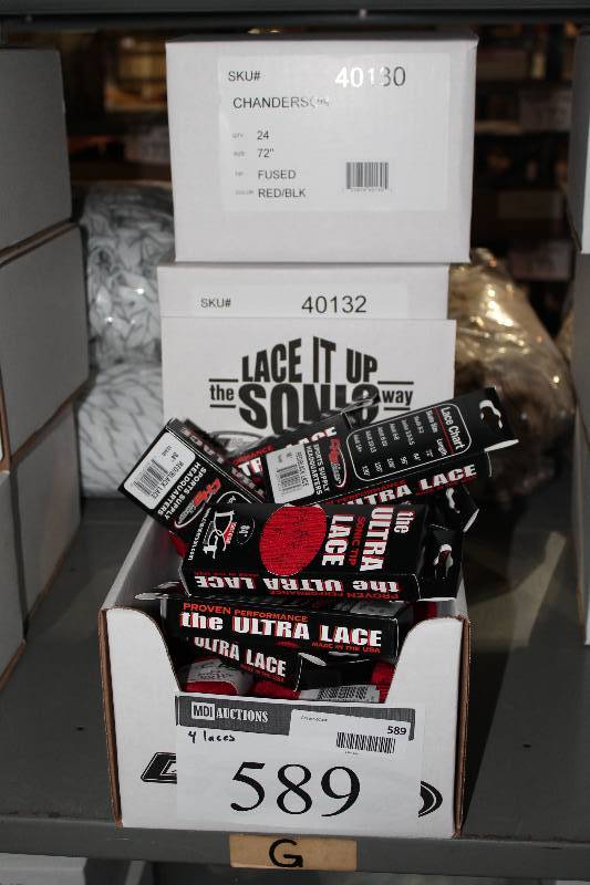 lot 589 image: Box Lot of (4) C.H.A. Ultra Lace Sonic Tips Hockey Laces 72 Fused RedBlack app. 24perBox.
